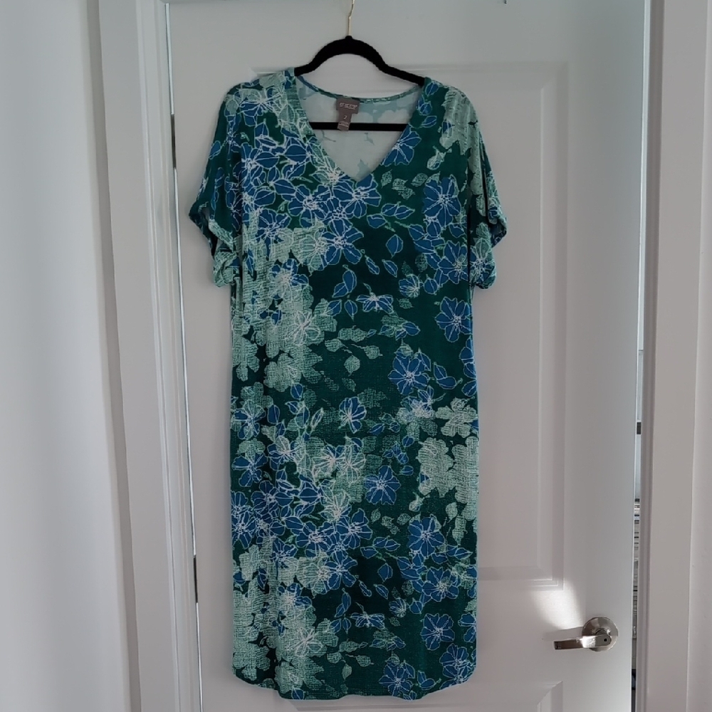 Chico's Blue and Green Flutter Sleeve Sheath Dress